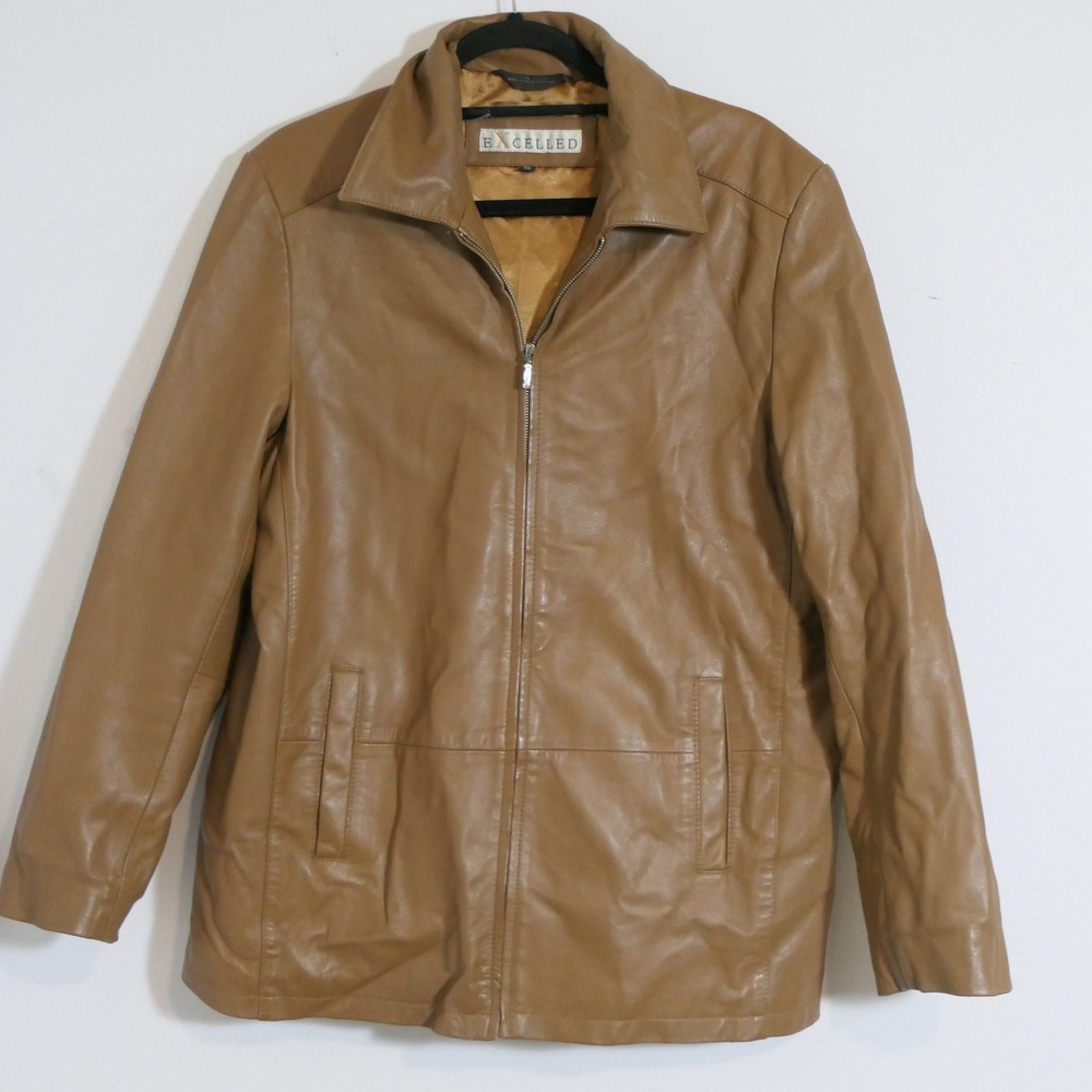 Excelled Women Leather Jacket L Tan Minimalist Professional Neutral Earthy Y2K